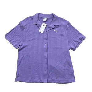 NWT PUMA Women's Wardrobe Essentials Purple Logo Shirt Sz L Short Sleeve New